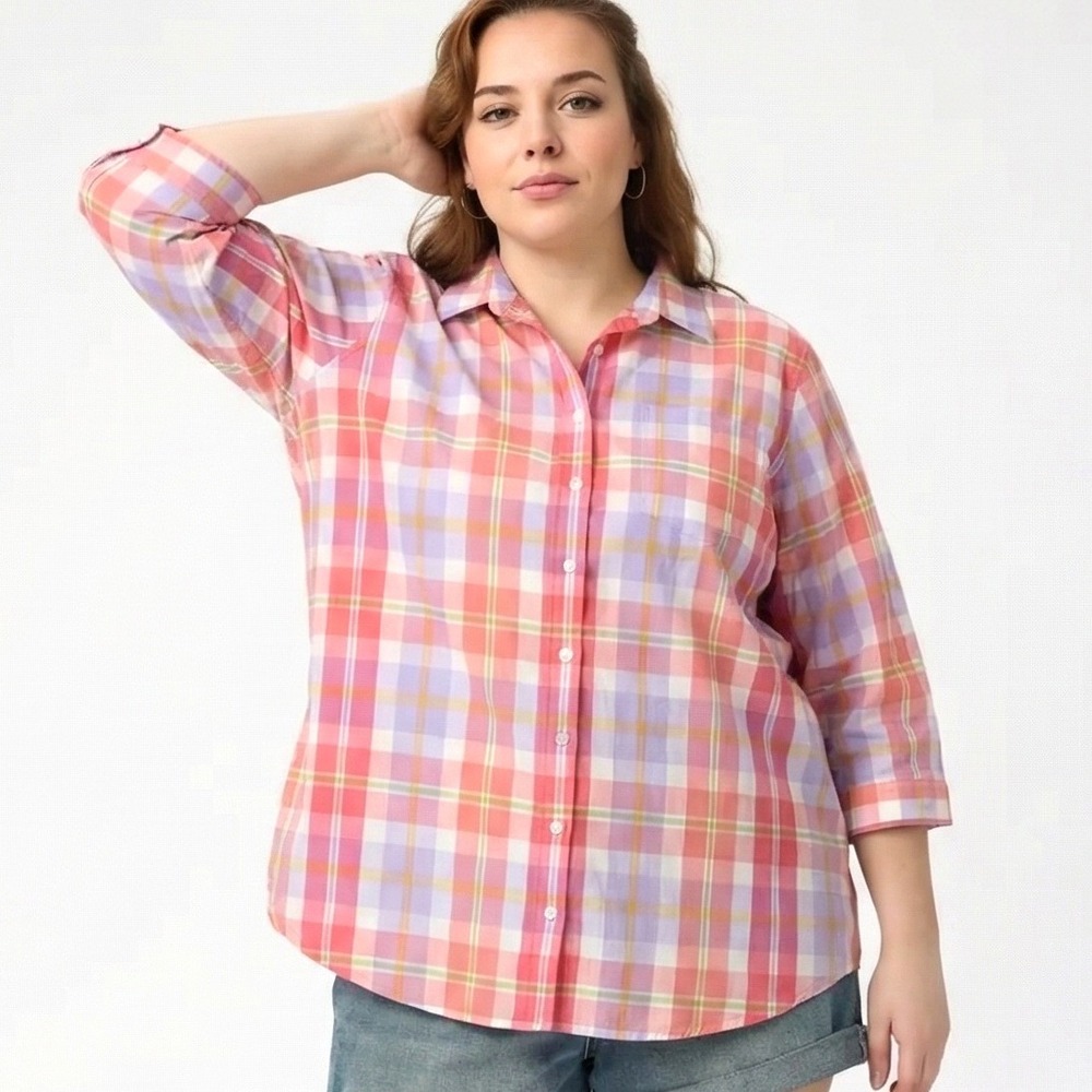 Lands' End Button Down Shirt Women 16 Pink Plaid Excellent 3/4 Sleeve Supima